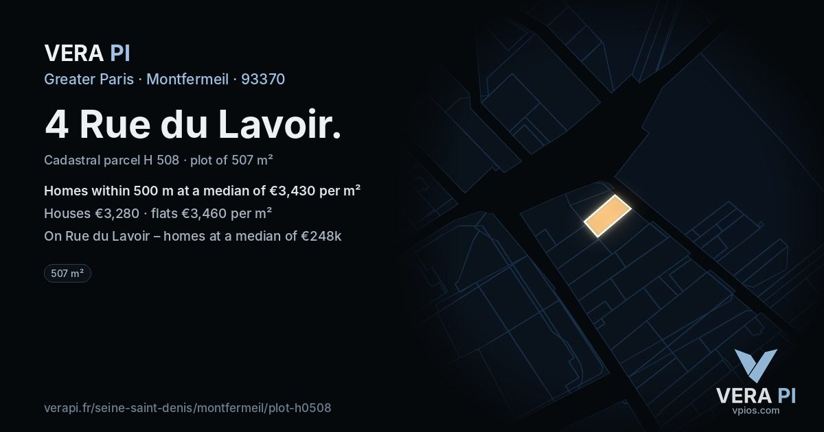 4 Rue du Lavoir, Montfermeil at night – the plot lit, the parcels around coloured by the prices near them