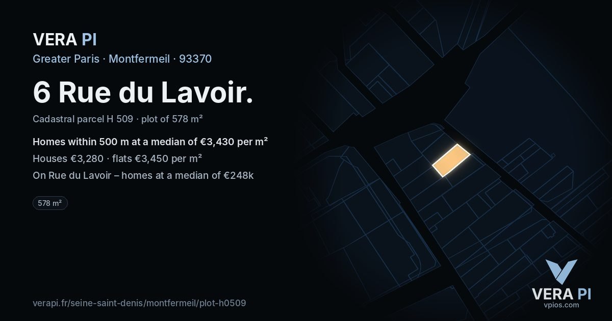 6 Rue du Lavoir, Montfermeil at night – the plot lit, the parcels around coloured by the prices near them