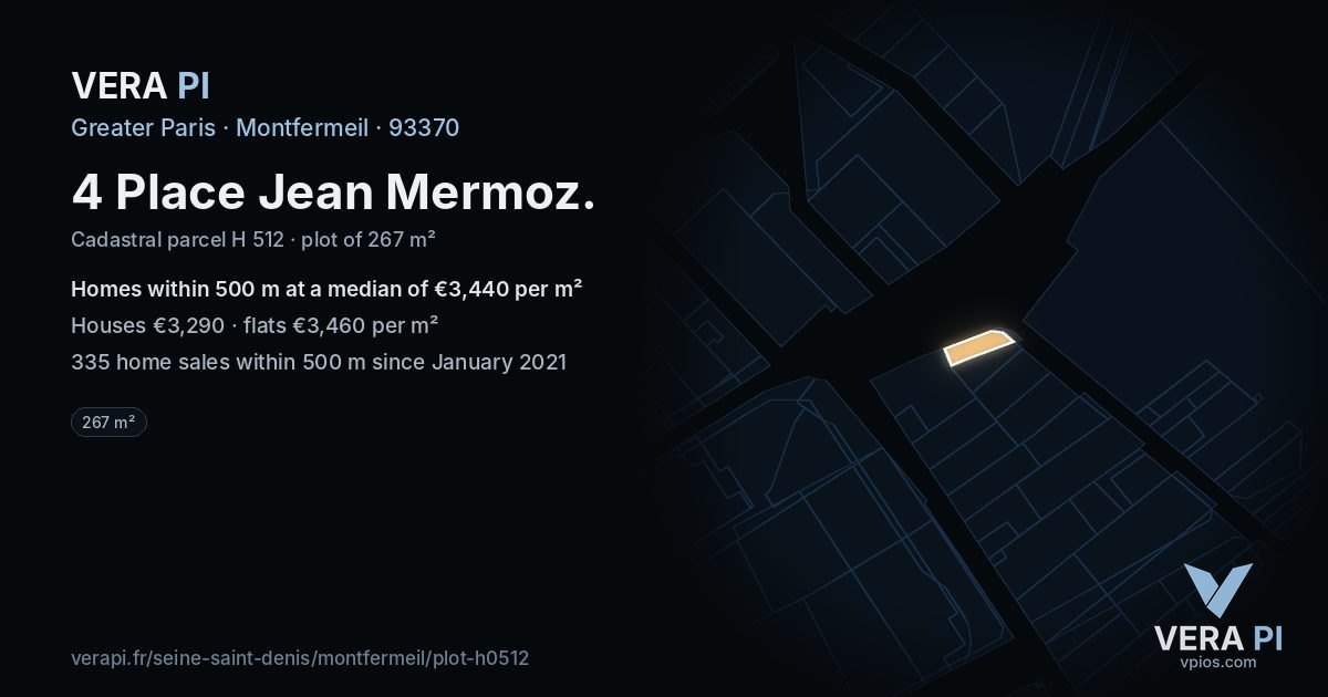 4 Place Jean Mermoz, Montfermeil at night – the plot lit, the parcels around coloured by the prices near them