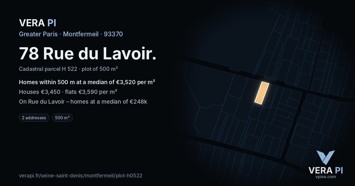 78 Rue du Lavoir, Montfermeil at night – the plot lit, the parcels around coloured by the prices near them