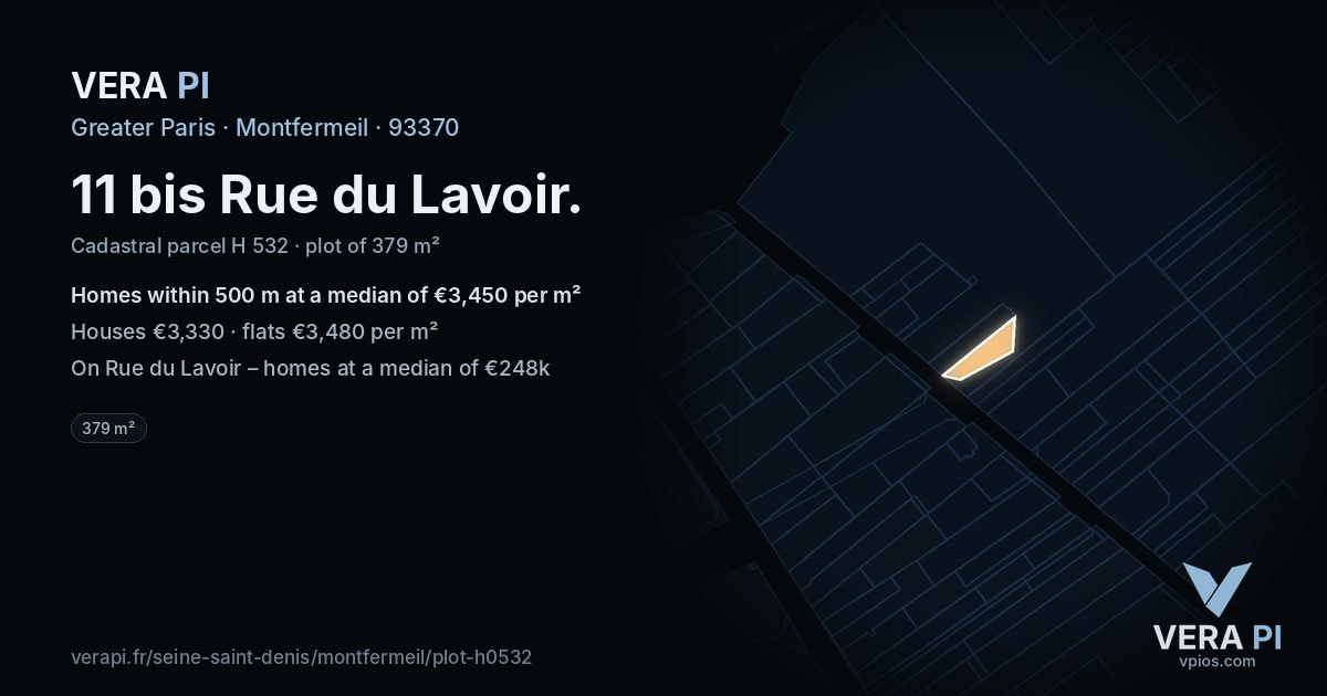 11 bis Rue du Lavoir, Montfermeil at night – the plot lit, the parcels around coloured by the prices near them