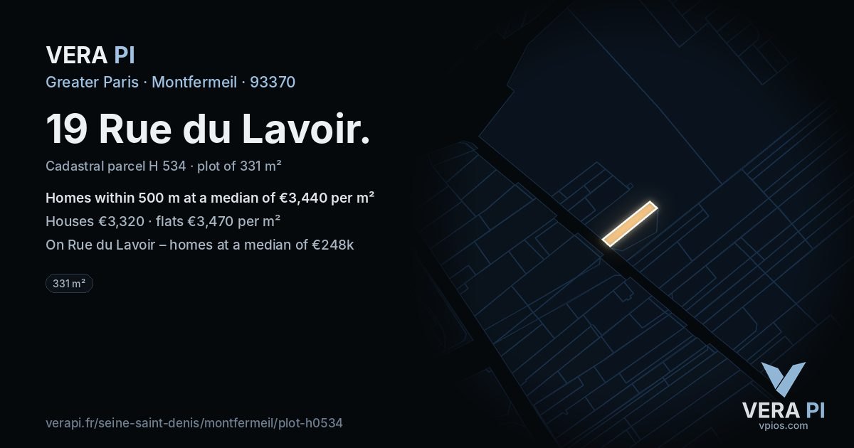 19 Rue du Lavoir, Montfermeil at night – the plot lit, the parcels around coloured by the prices near them