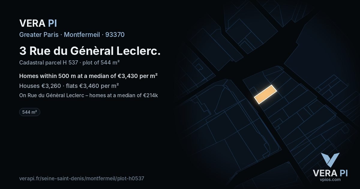 3 Rue du Génèral Leclerc, Montfermeil at night – the plot lit, the parcels around coloured by the prices near them