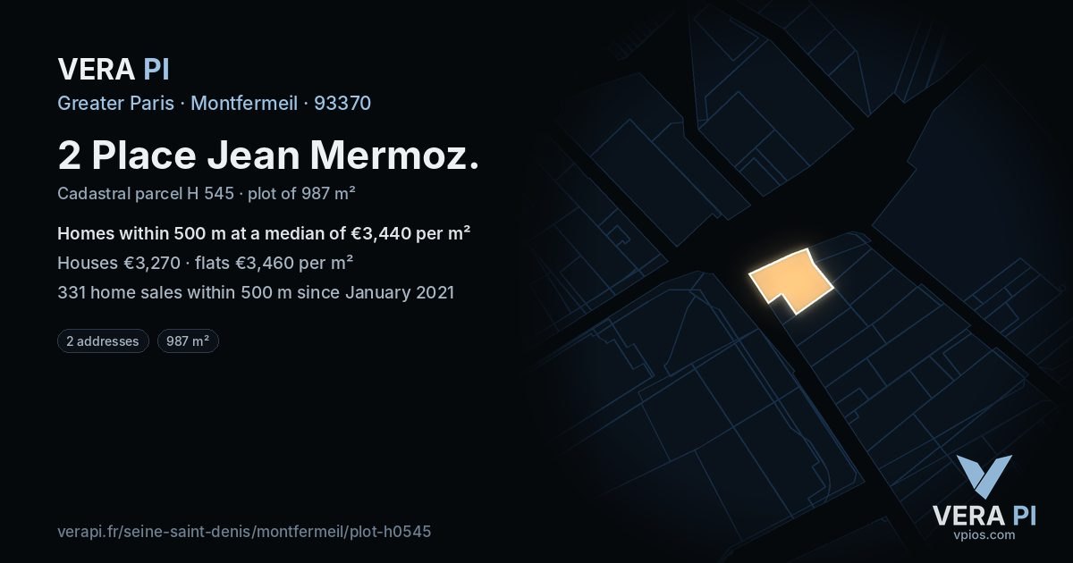 2 Place Jean Mermoz, Montfermeil at night – the plot lit, the parcels around coloured by the prices near them