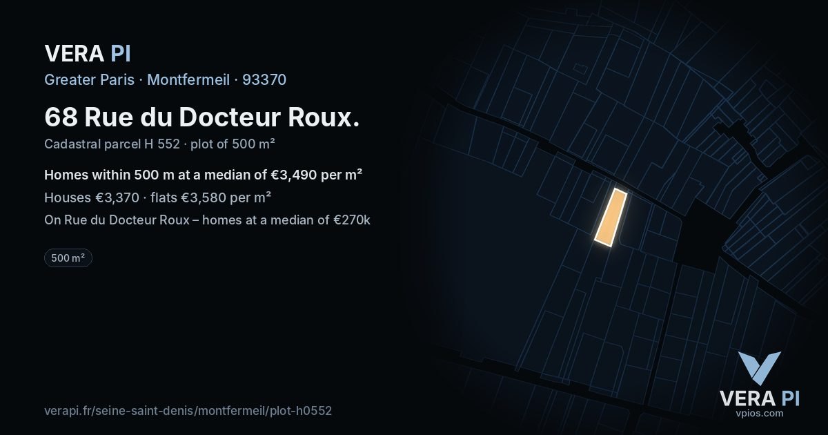 68 Rue du Docteur Roux, Montfermeil at night – the plot lit, the parcels around coloured by the prices near them