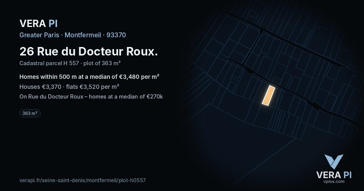 26 Rue du Docteur Roux, Montfermeil at night – the plot lit, the parcels around coloured by the prices near them