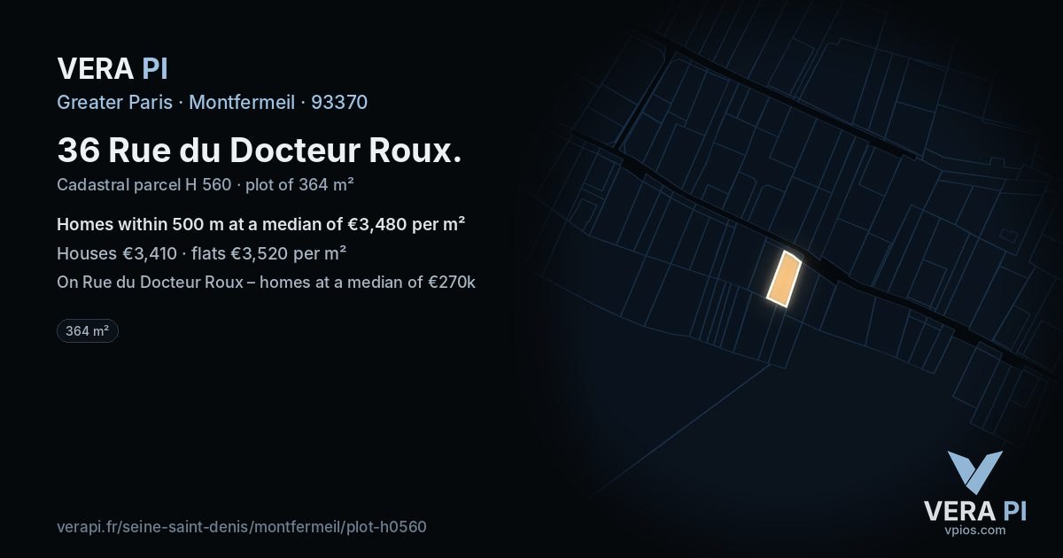 36 Rue du Docteur Roux, Montfermeil at night – the plot lit, the parcels around coloured by the prices near them