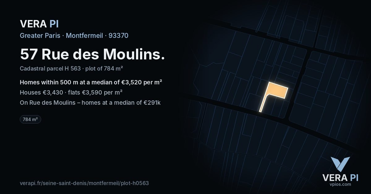 57 Rue des Moulins, Montfermeil at night – the plot lit, the parcels around coloured by the prices near them