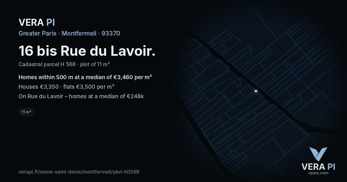 16 bis Rue du Lavoir, Montfermeil at night – the plot lit, the parcels around coloured by the prices near them
