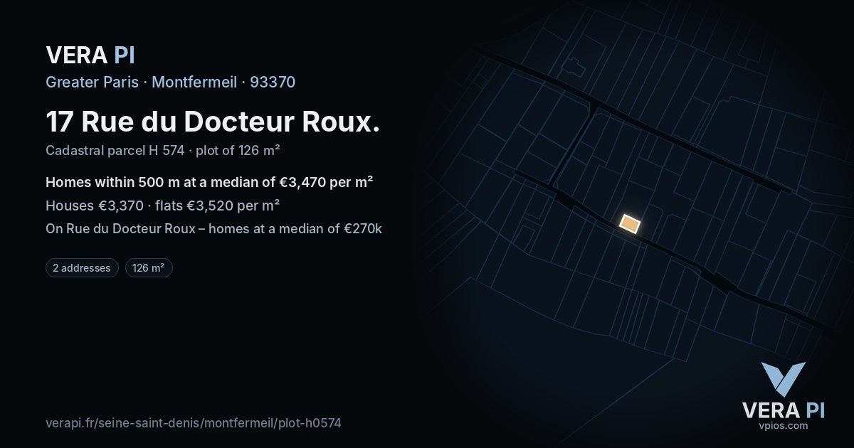 17 Rue du Docteur Roux, Montfermeil at night – the plot lit, the parcels around coloured by the prices near them