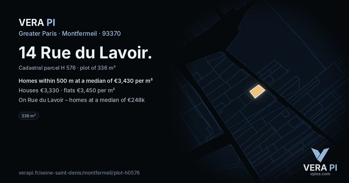 14 Rue du Lavoir, Montfermeil at night – the plot lit, the parcels around coloured by the prices near them
