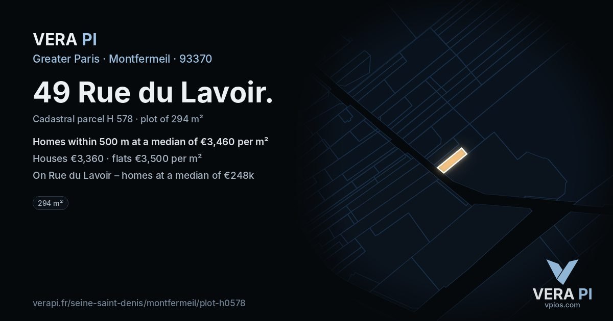 49 Rue du Lavoir, Montfermeil at night – the plot lit, the parcels around coloured by the prices near them