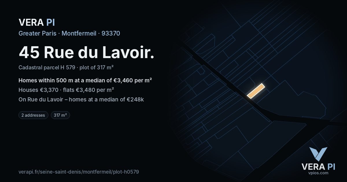 45 Rue du Lavoir, Montfermeil at night – the plot lit, the parcels around coloured by the prices near them