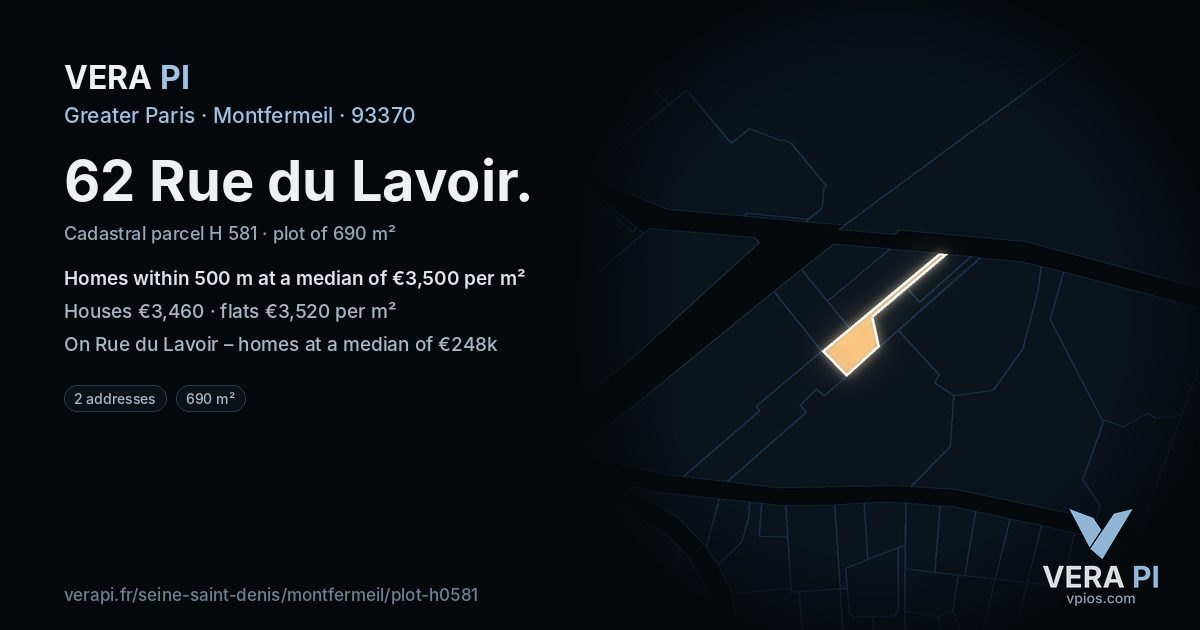 62 Rue du Lavoir, Montfermeil at night – the plot lit, the parcels around coloured by the prices near them