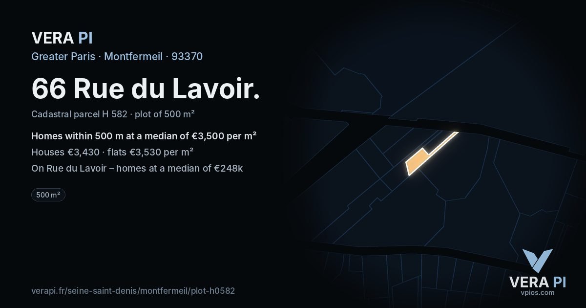 66 Rue du Lavoir, Montfermeil at night – the plot lit, the parcels around coloured by the prices near them