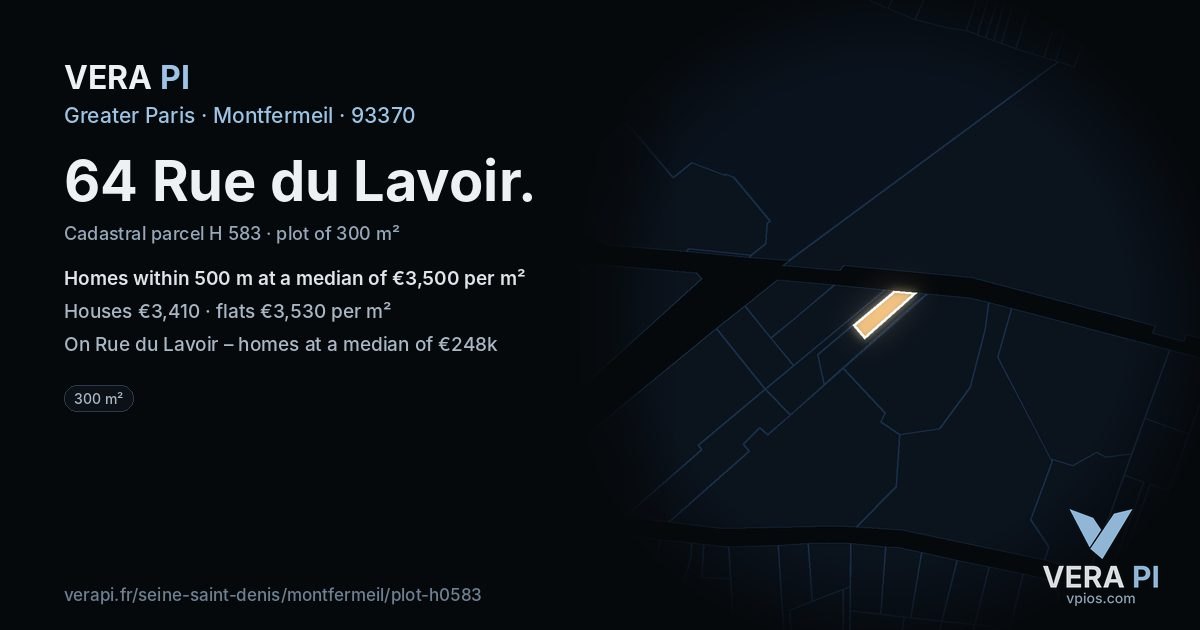 64 Rue du Lavoir, Montfermeil at night – the plot lit, the parcels around coloured by the prices near them