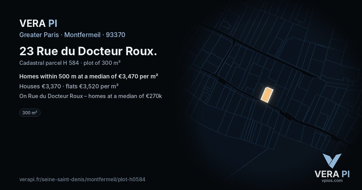 23 Rue du Docteur Roux, Montfermeil at night – the plot lit, the parcels around coloured by the prices near them