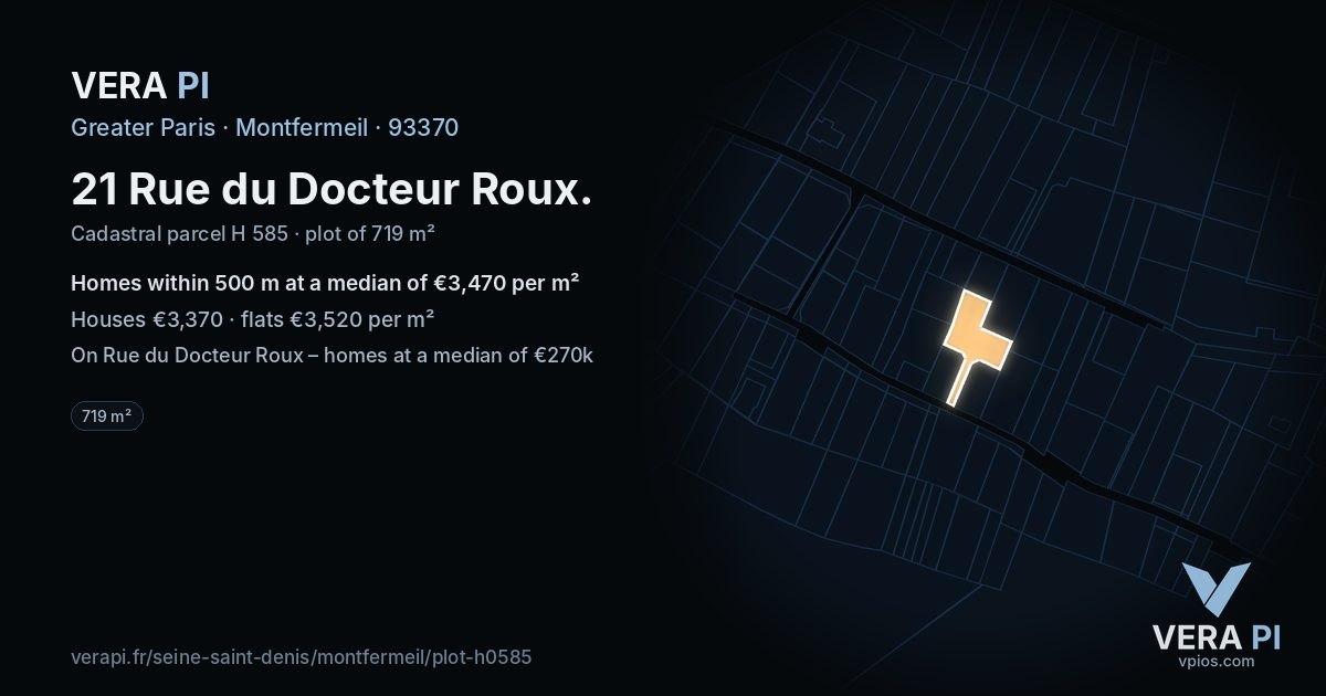 21 Rue du Docteur Roux, Montfermeil at night – the plot lit, the parcels around coloured by the prices near them