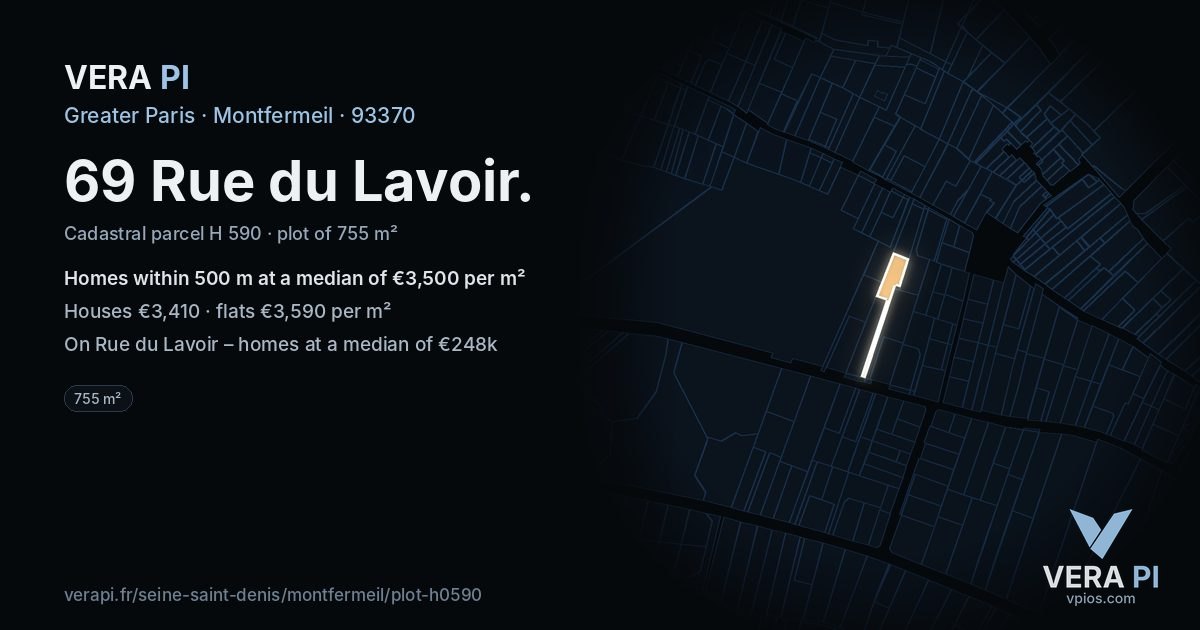 69 Rue du Lavoir, Montfermeil at night – the plot lit, the parcels around coloured by the prices near them