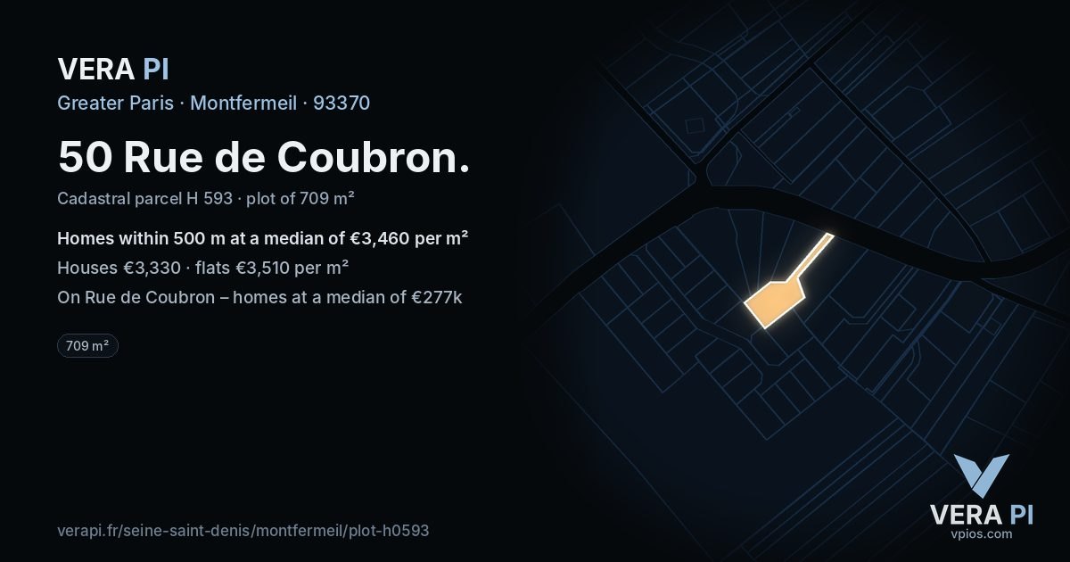 50 Rue de Coubron, Montfermeil at night – the plot lit, the parcels around coloured by the prices near them