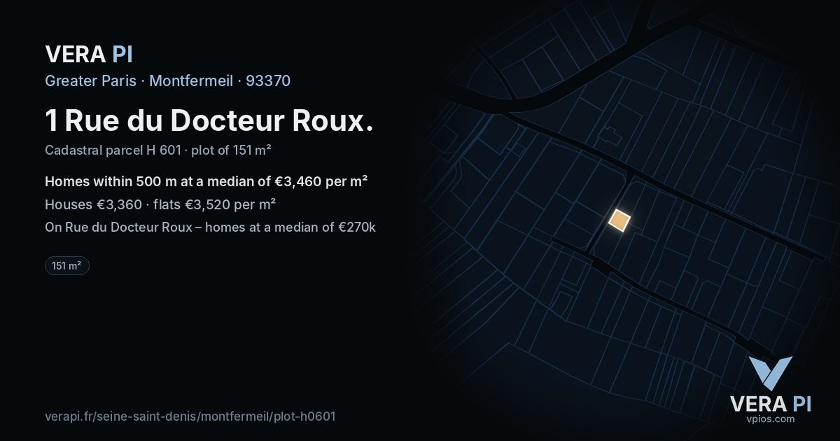 1 Rue du Docteur Roux, Montfermeil at night – the plot lit, the parcels around coloured by the prices near them