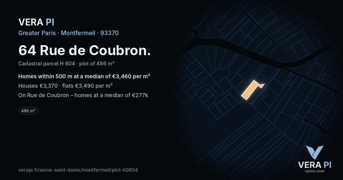 64 Rue de Coubron, Montfermeil at night – the plot lit, the parcels around coloured by the prices near them