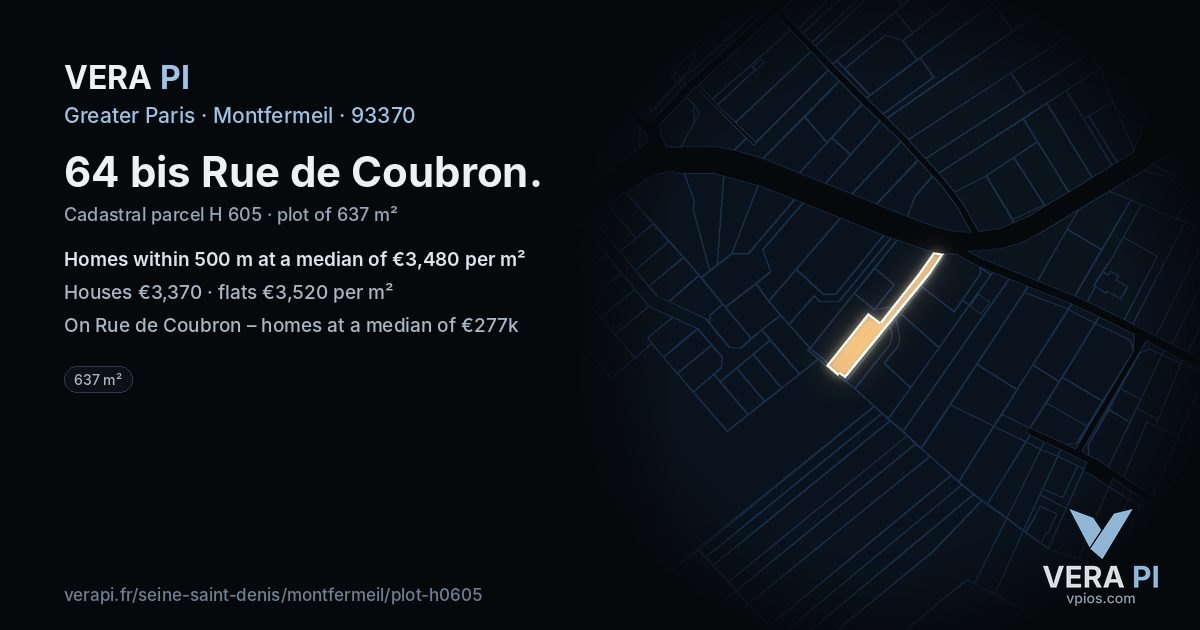 64 bis Rue de Coubron, Montfermeil at night – the plot lit, the parcels around coloured by the prices near them
