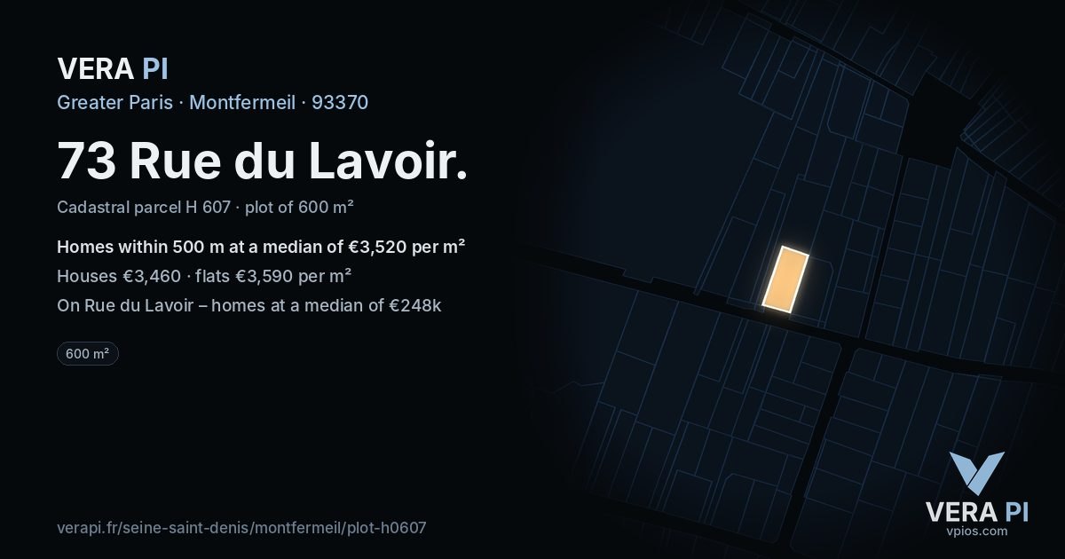 73 Rue du Lavoir, Montfermeil at night – the plot lit, the parcels around coloured by the prices near them
