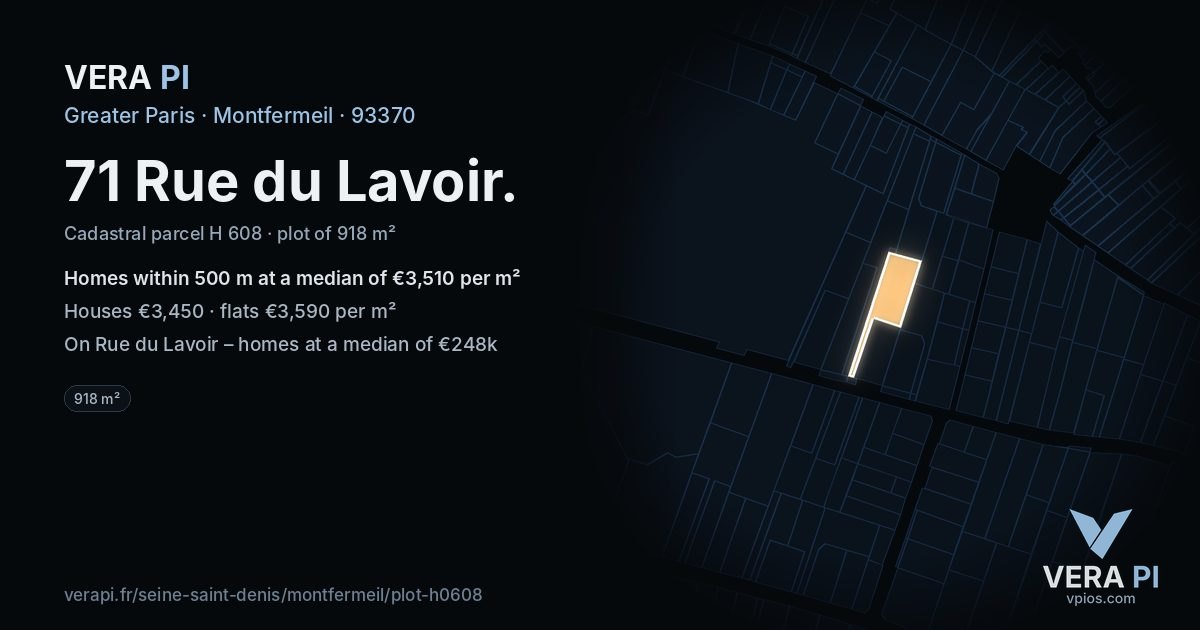 71 Rue du Lavoir, Montfermeil at night – the plot lit, the parcels around coloured by the prices near them