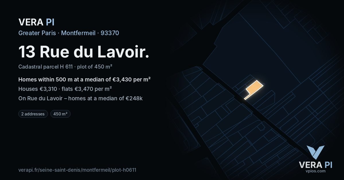 13 Rue du Lavoir, Montfermeil at night – the plot lit, the parcels around coloured by the prices near them