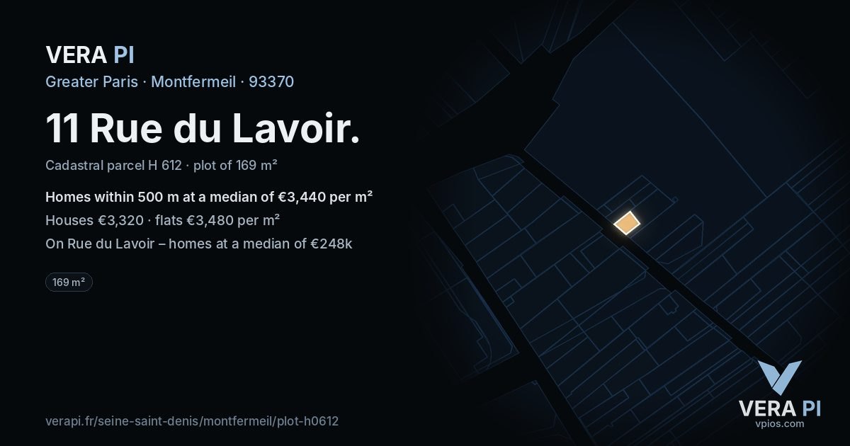 11 Rue du Lavoir, Montfermeil at night – the plot lit, the parcels around coloured by the prices near them