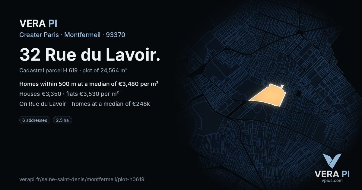 32 Rue du Lavoir, Montfermeil at night – the plot lit, the parcels around coloured by the prices near them