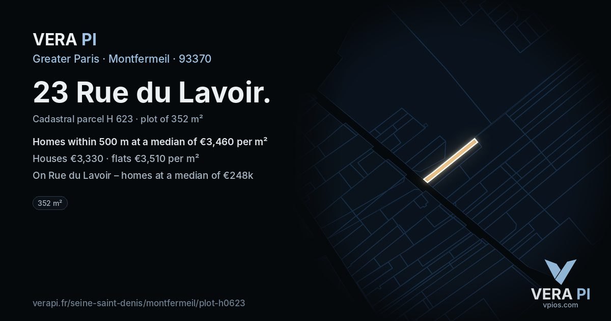 23 Rue du Lavoir, Montfermeil at night – the plot lit, the parcels around coloured by the prices near them
