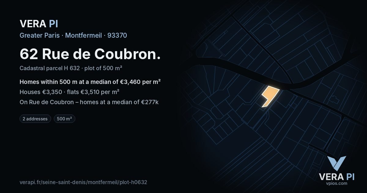 62 Rue de Coubron, Montfermeil at night – the plot lit, the parcels around coloured by the prices near them