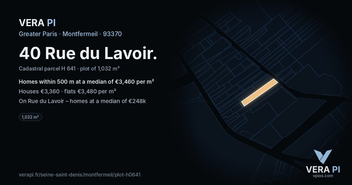40 Rue du Lavoir, Montfermeil at night – the plot lit, the parcels around coloured by the prices near them