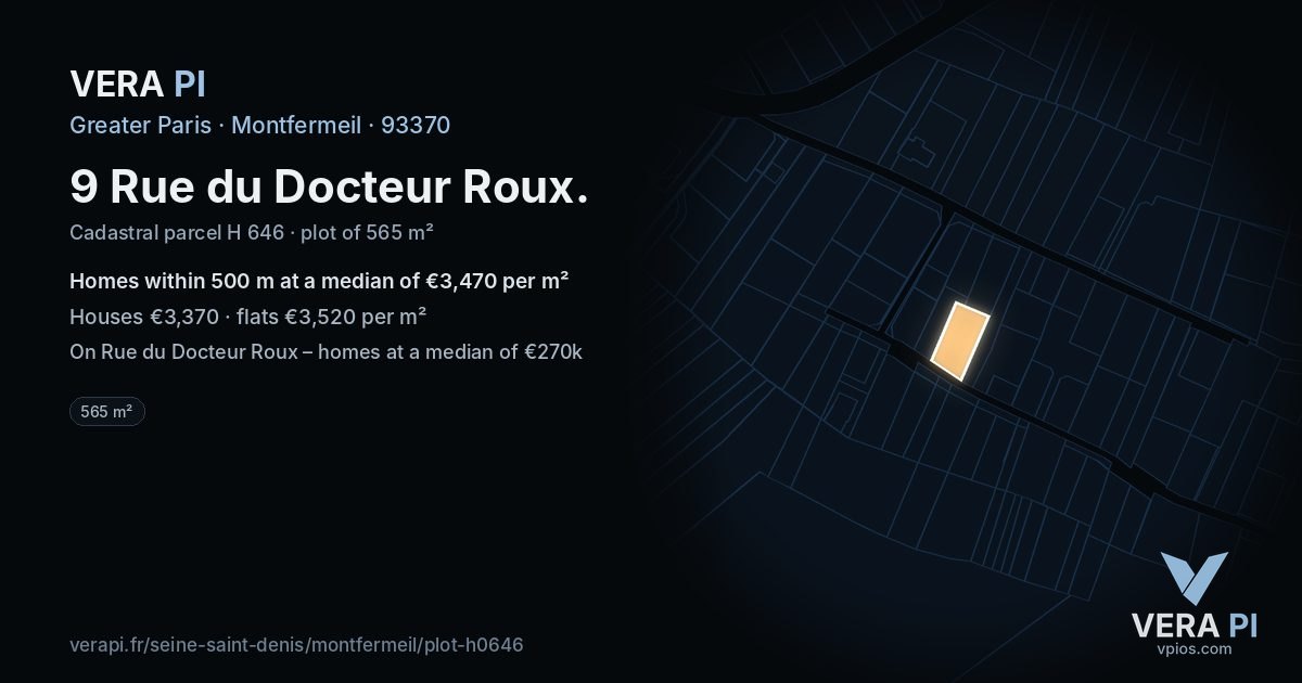 9 Rue du Docteur Roux, Montfermeil at night – the plot lit, the parcels around coloured by the prices near them