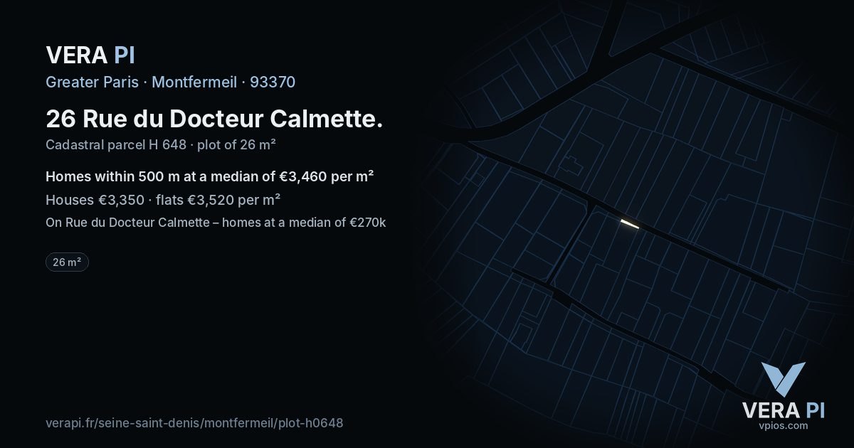 26 Rue du Docteur Calmette, Montfermeil at night – the plot lit, the parcels around coloured by the prices near them