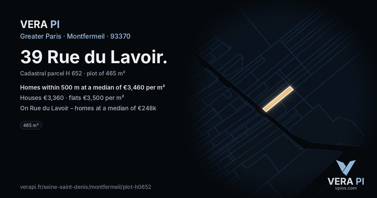 39 Rue du Lavoir, Montfermeil at night – the plot lit, the parcels around coloured by the prices near them