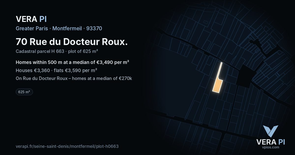 70 Rue du Docteur Roux, Montfermeil at night – the plot lit, the parcels around coloured by the prices near them