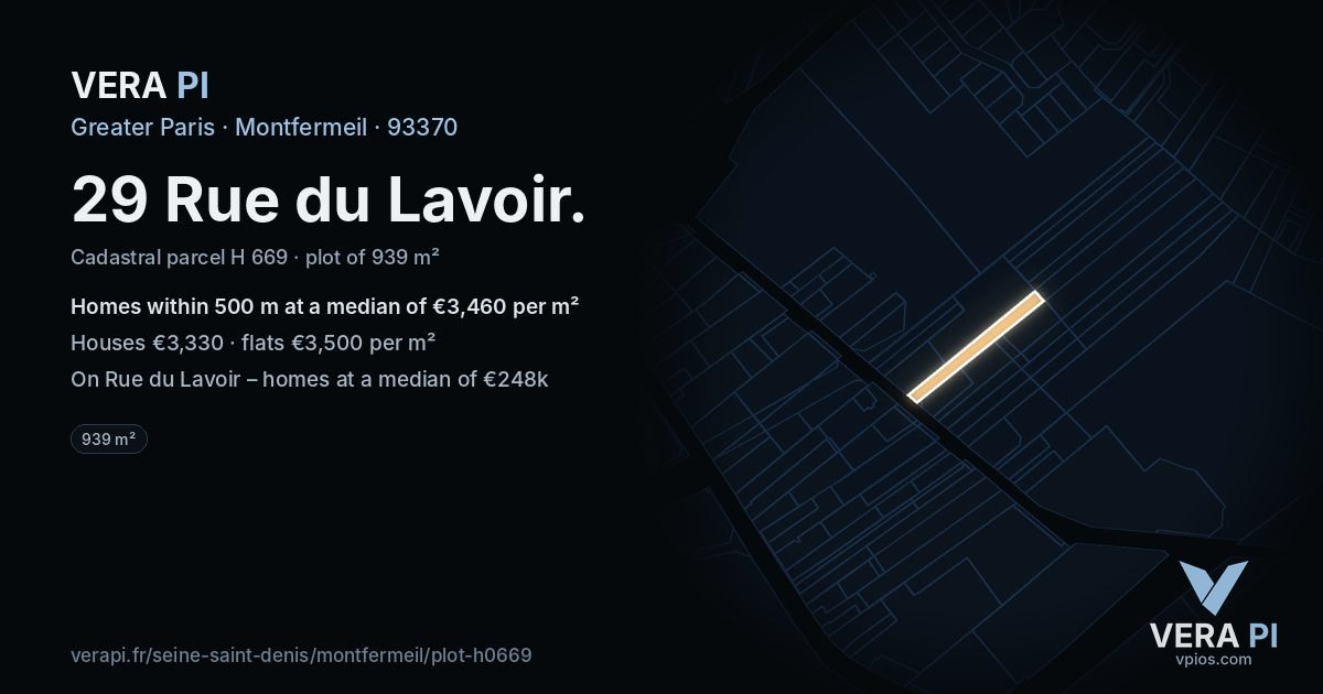 29 Rue du Lavoir, Montfermeil at night – the plot lit, the parcels around coloured by the prices near them