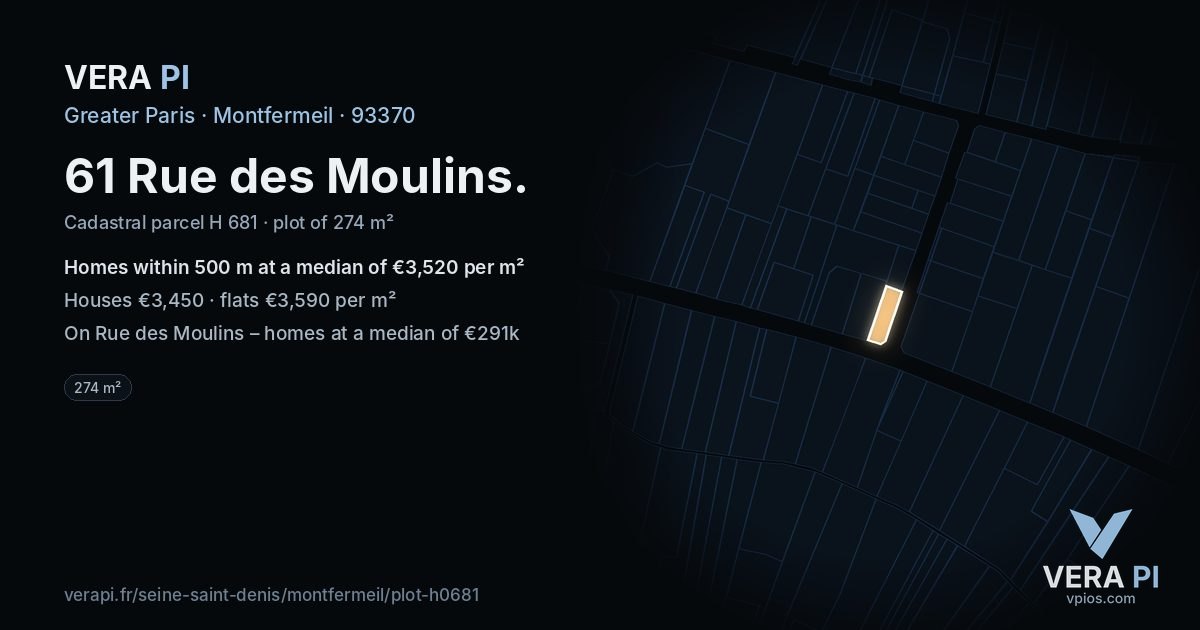 61 Rue des Moulins, Montfermeil at night – the plot lit, the parcels around coloured by the prices near them