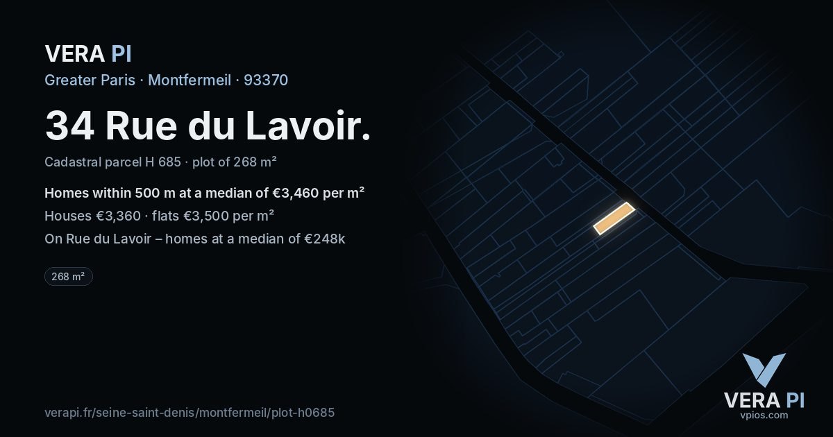 34 Rue du Lavoir, Montfermeil at night – the plot lit, the parcels around coloured by the prices near them