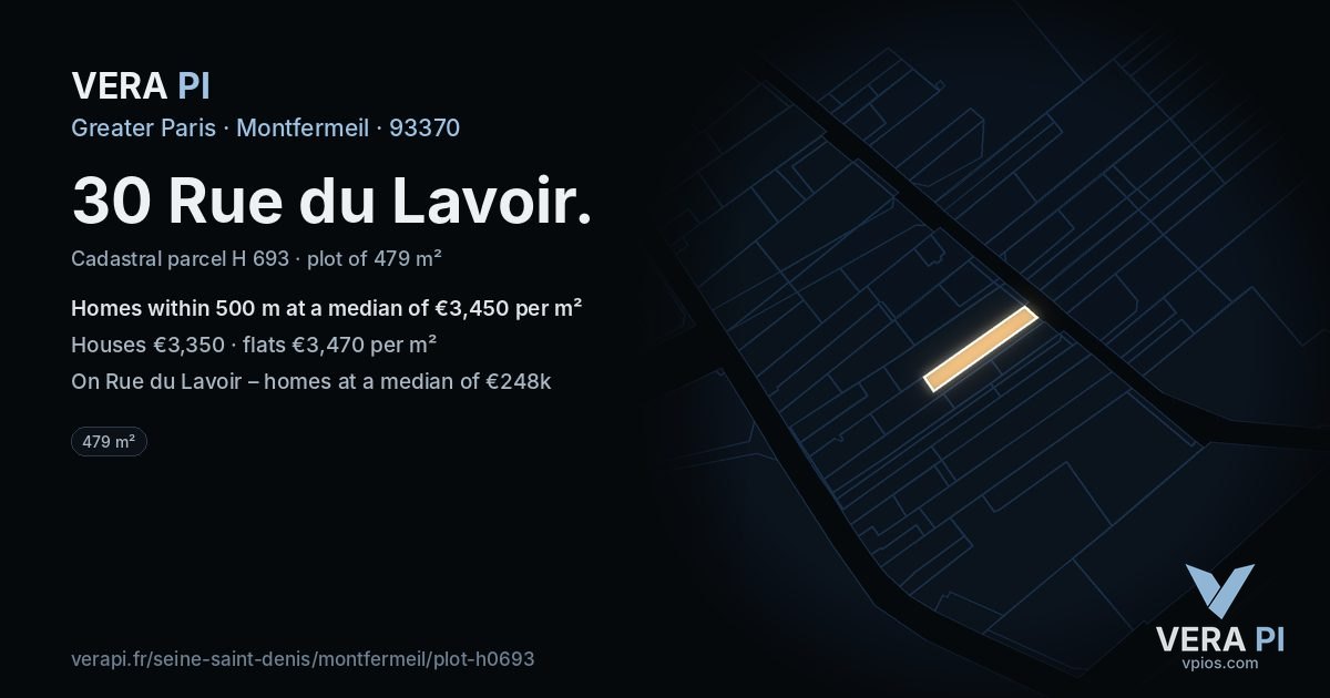 30 Rue du Lavoir, Montfermeil at night – the plot lit, the parcels around coloured by the prices near them