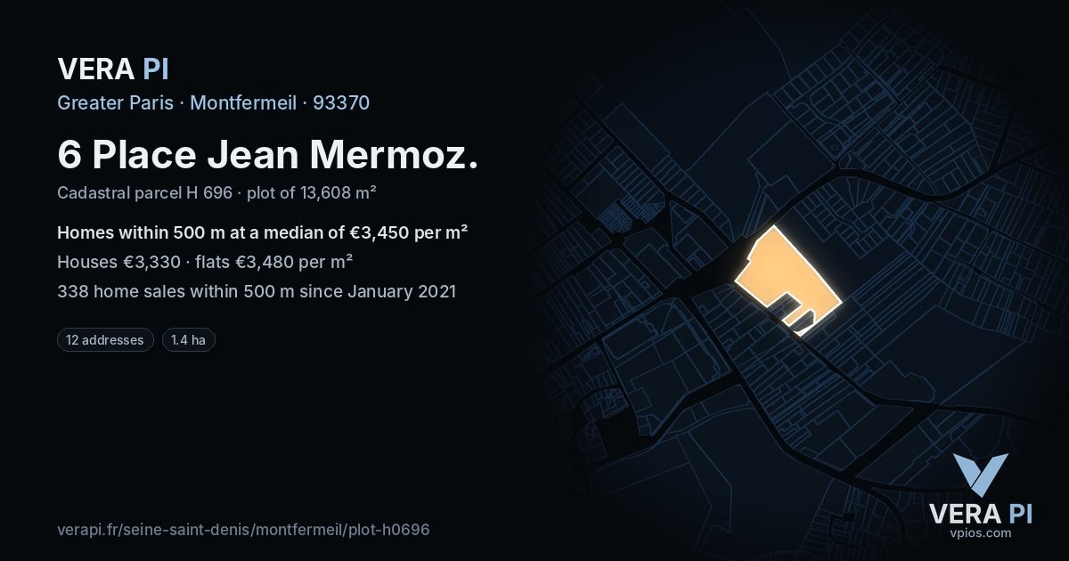 6 Place Jean Mermoz, Montfermeil at night – the plot lit, the parcels around coloured by the prices near them