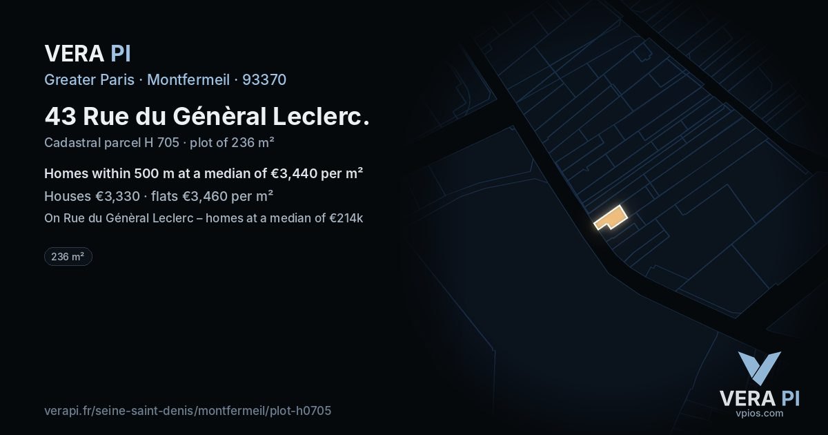 43 Rue du Génèral Leclerc, Montfermeil at night – the plot lit, the parcels around coloured by the prices near them