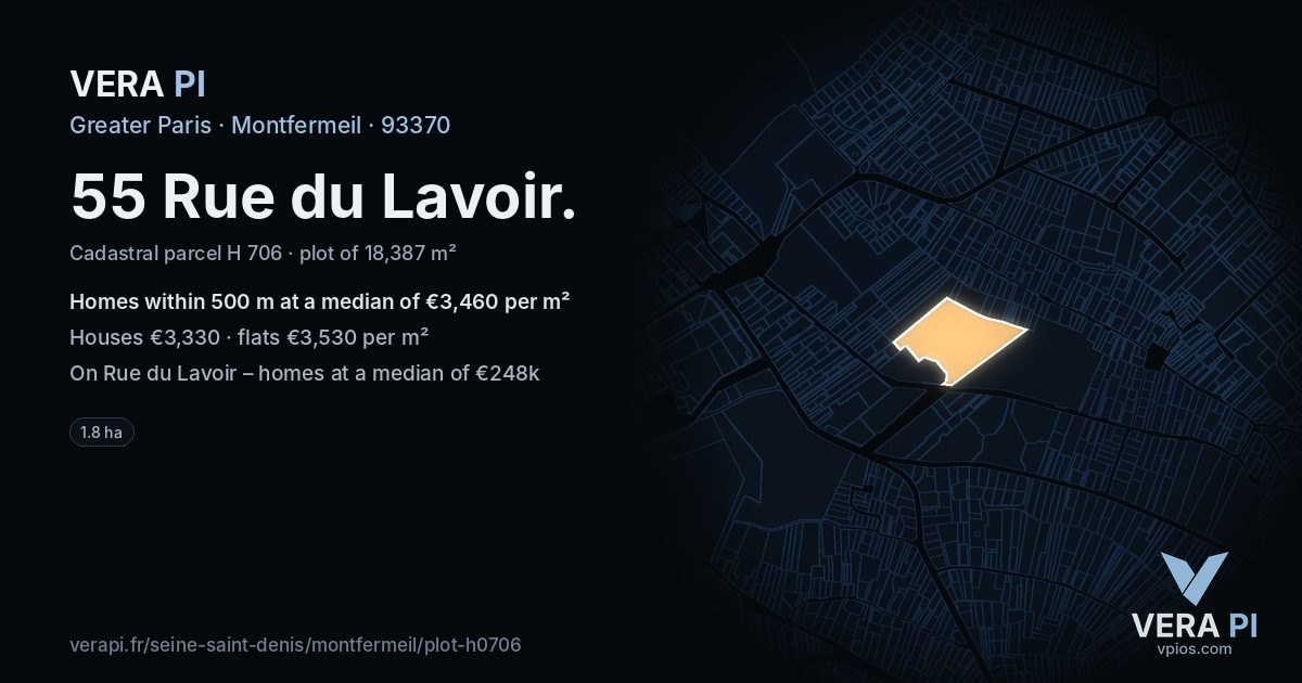 55 Rue du Lavoir, Montfermeil at night – the plot lit, the parcels around coloured by the prices near them