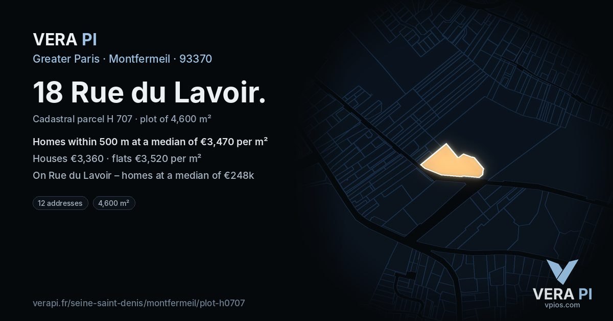 18 Rue du Lavoir, Montfermeil at night – the plot lit, the parcels around coloured by the prices near them