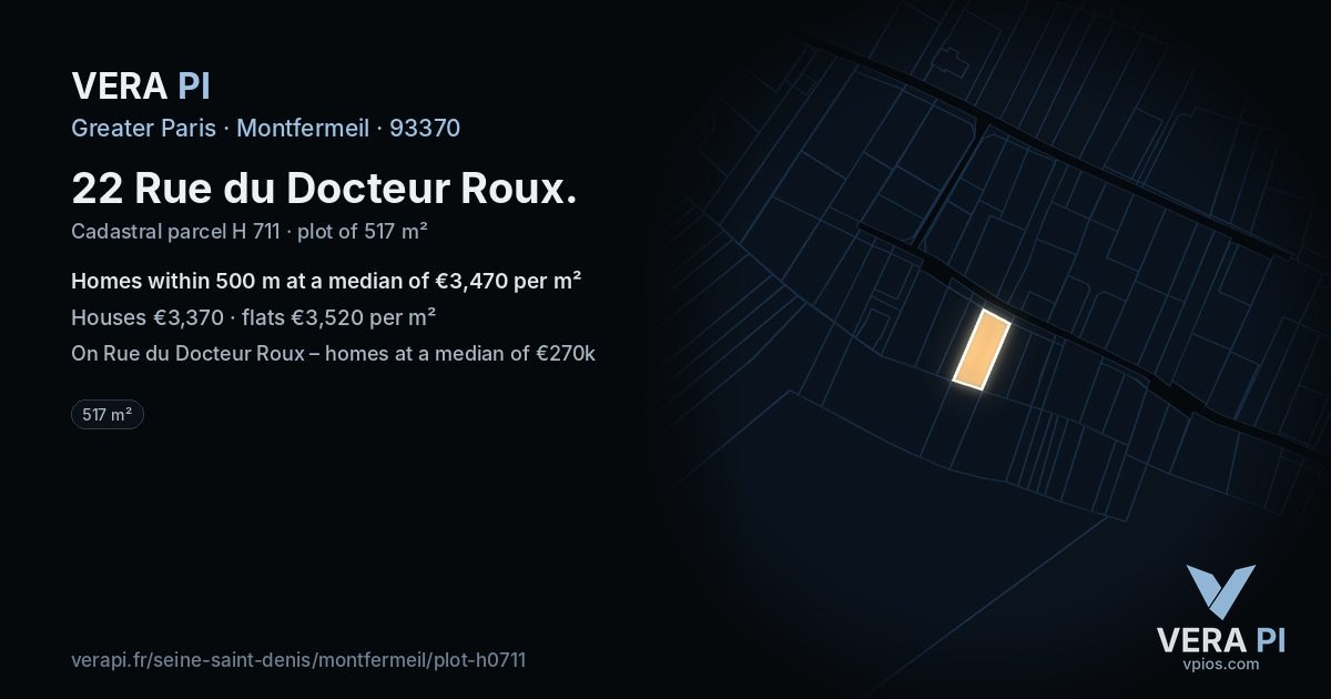 22 Rue du Docteur Roux, Montfermeil at night – the plot lit, the parcels around coloured by the prices near them