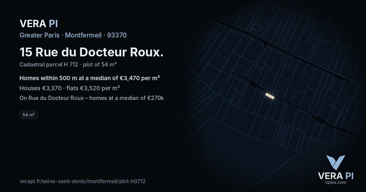 15 Rue du Docteur Roux, Montfermeil at night – the plot lit, the parcels around coloured by the prices near them