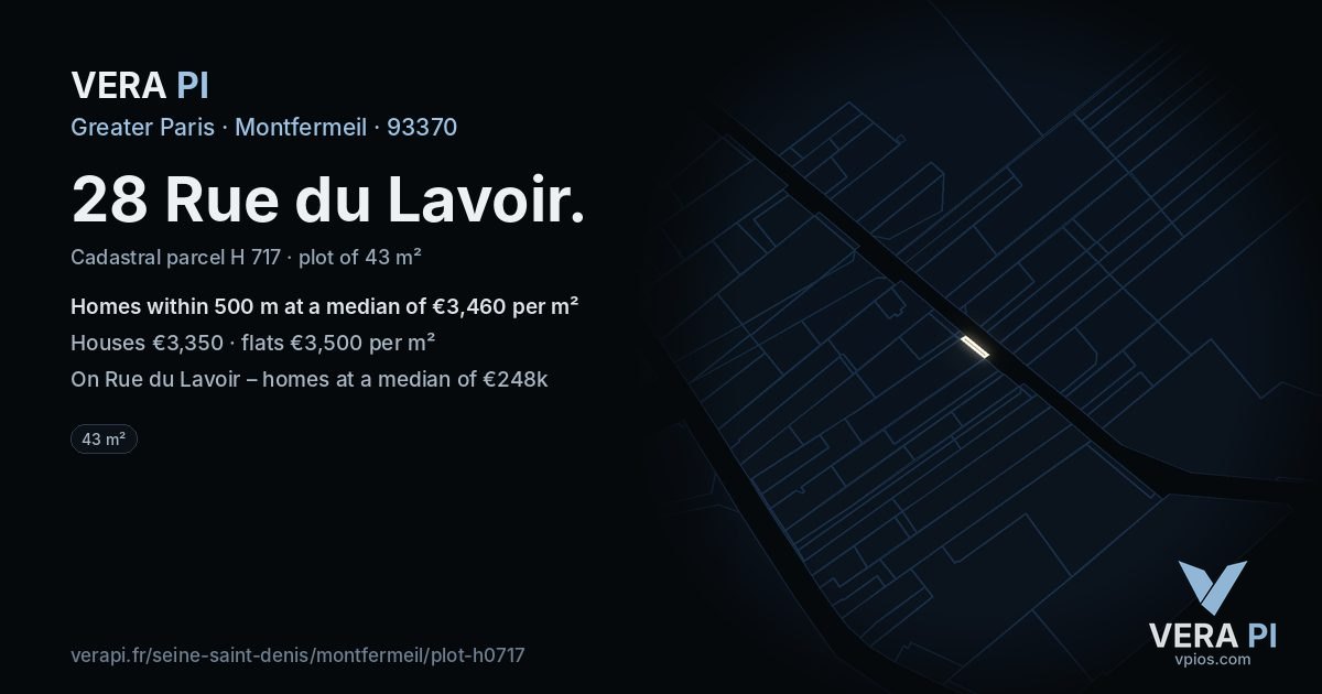 28 Rue du Lavoir, Montfermeil at night – the plot lit, the parcels around coloured by the prices near them